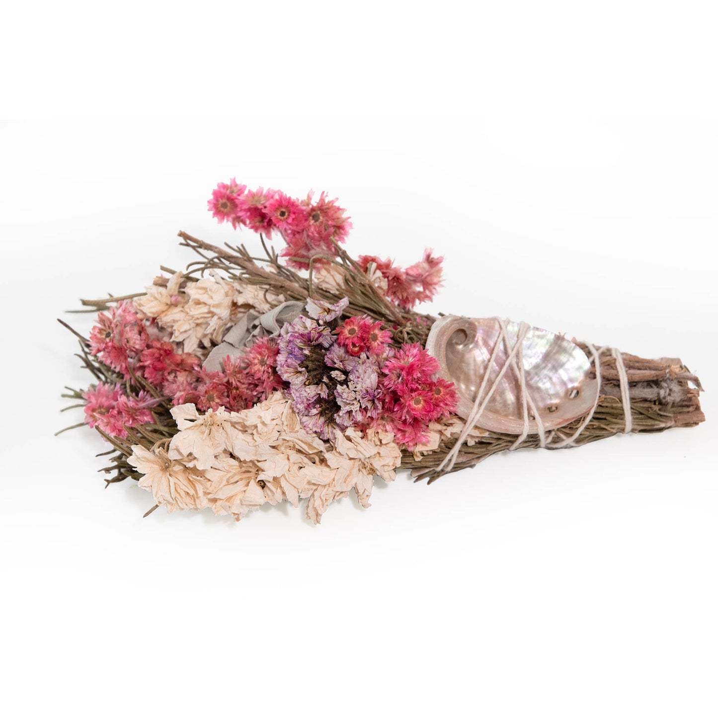 6" Pink & White Floral Smudge Wand with Shell