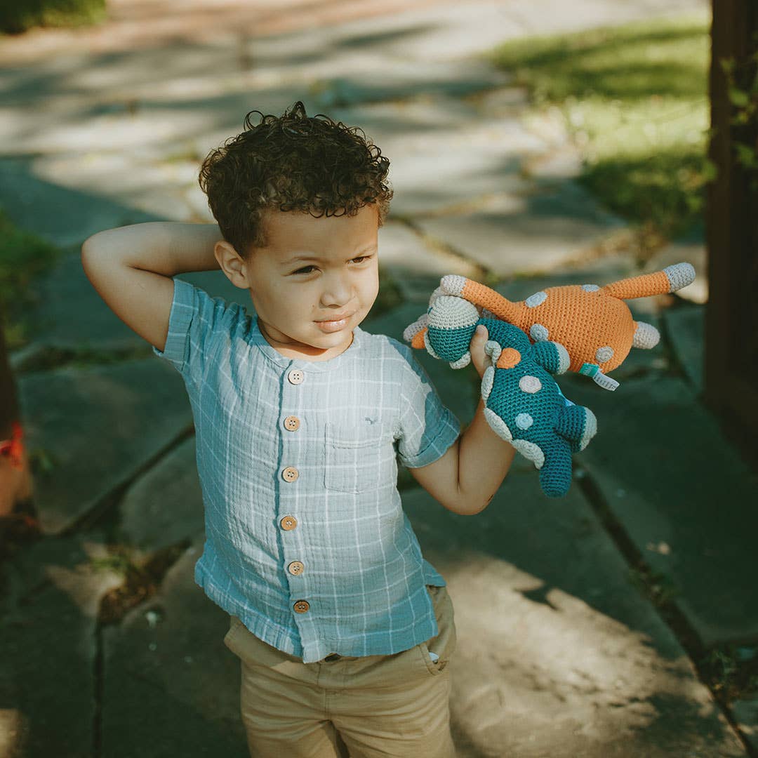 Handmade Stegosaurus Baby Rattle | Organic Cotton | Blue