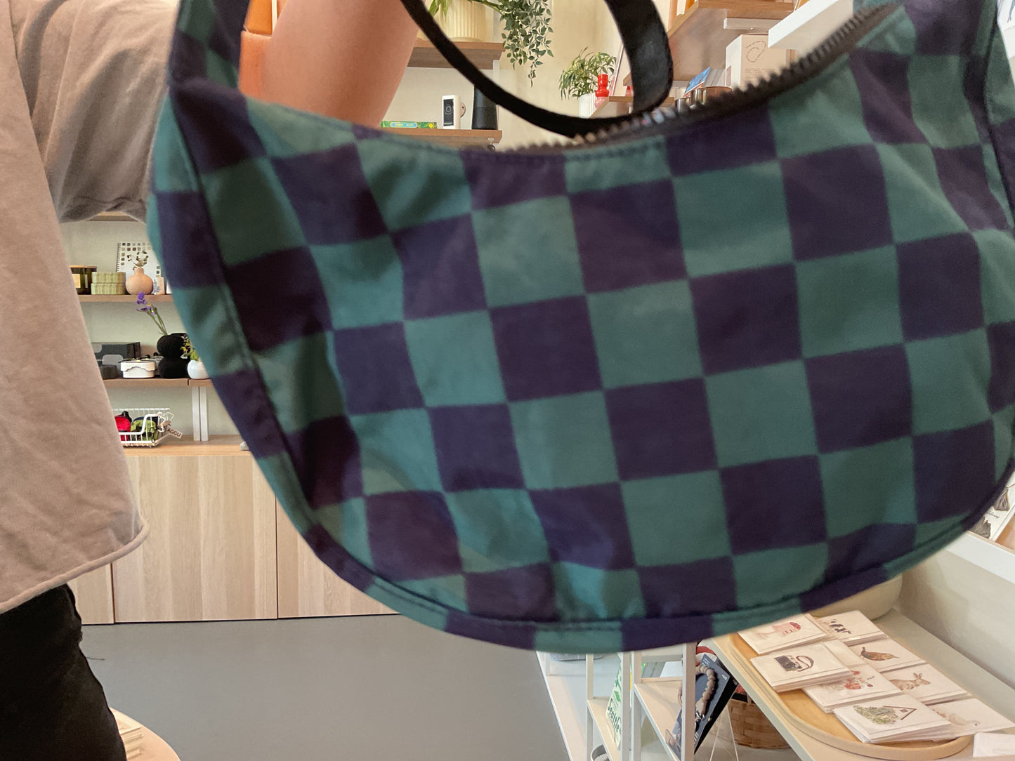 Small Nylon Crescent Bag - Navy Green Check