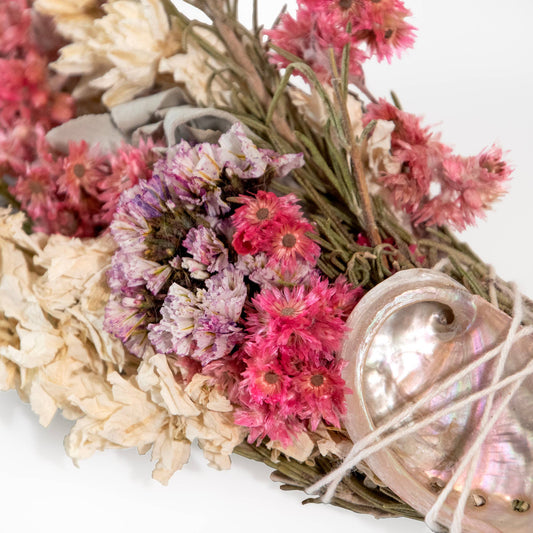 6" Pink & White Floral Smudge Wand with Shell