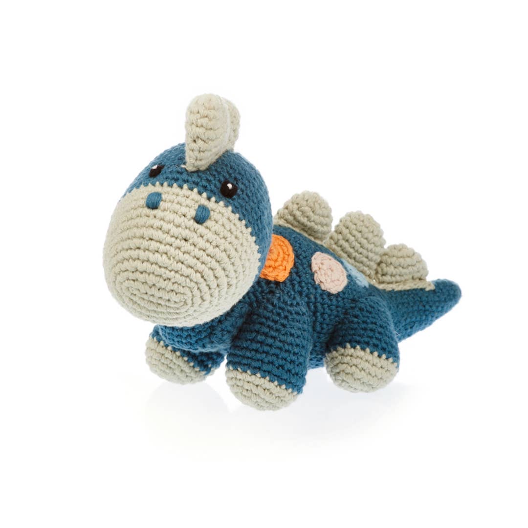 Handmade Stegosaurus Baby Rattle | Organic Cotton | Blue