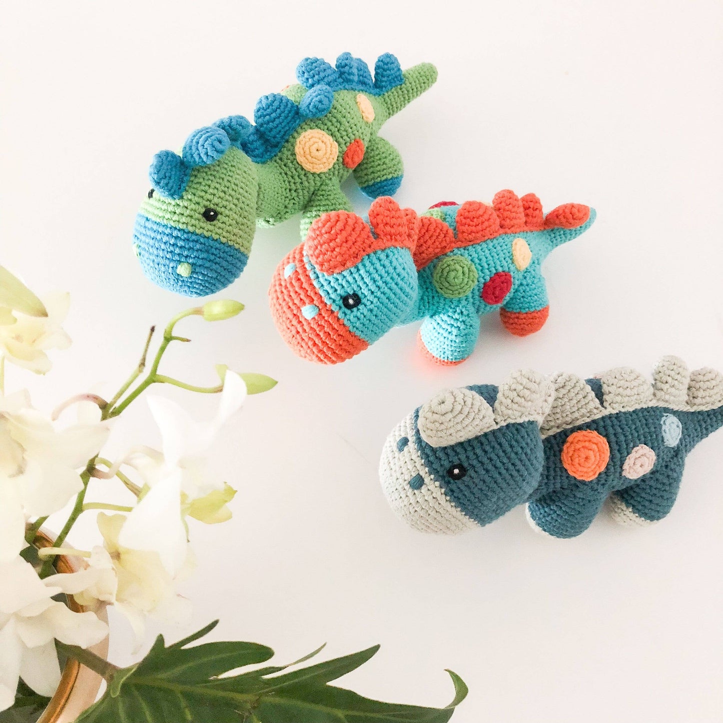 Handmade Stegosaurus Baby Rattle | Organic Cotton | Blue