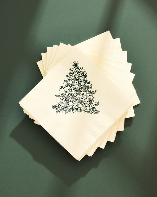 Classic Christmas Tree Green and Cream Paper Beverage Napkins - Set of 20