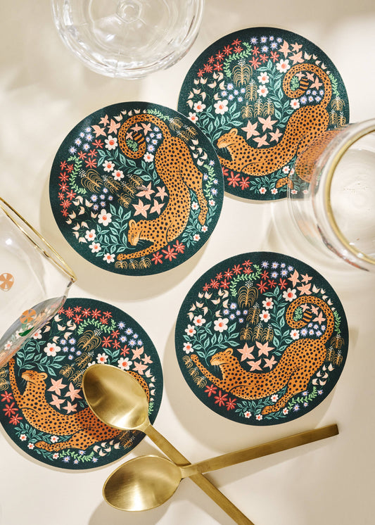 Stretching Cheetah Reusable Chipboard Coasters - Set of Four