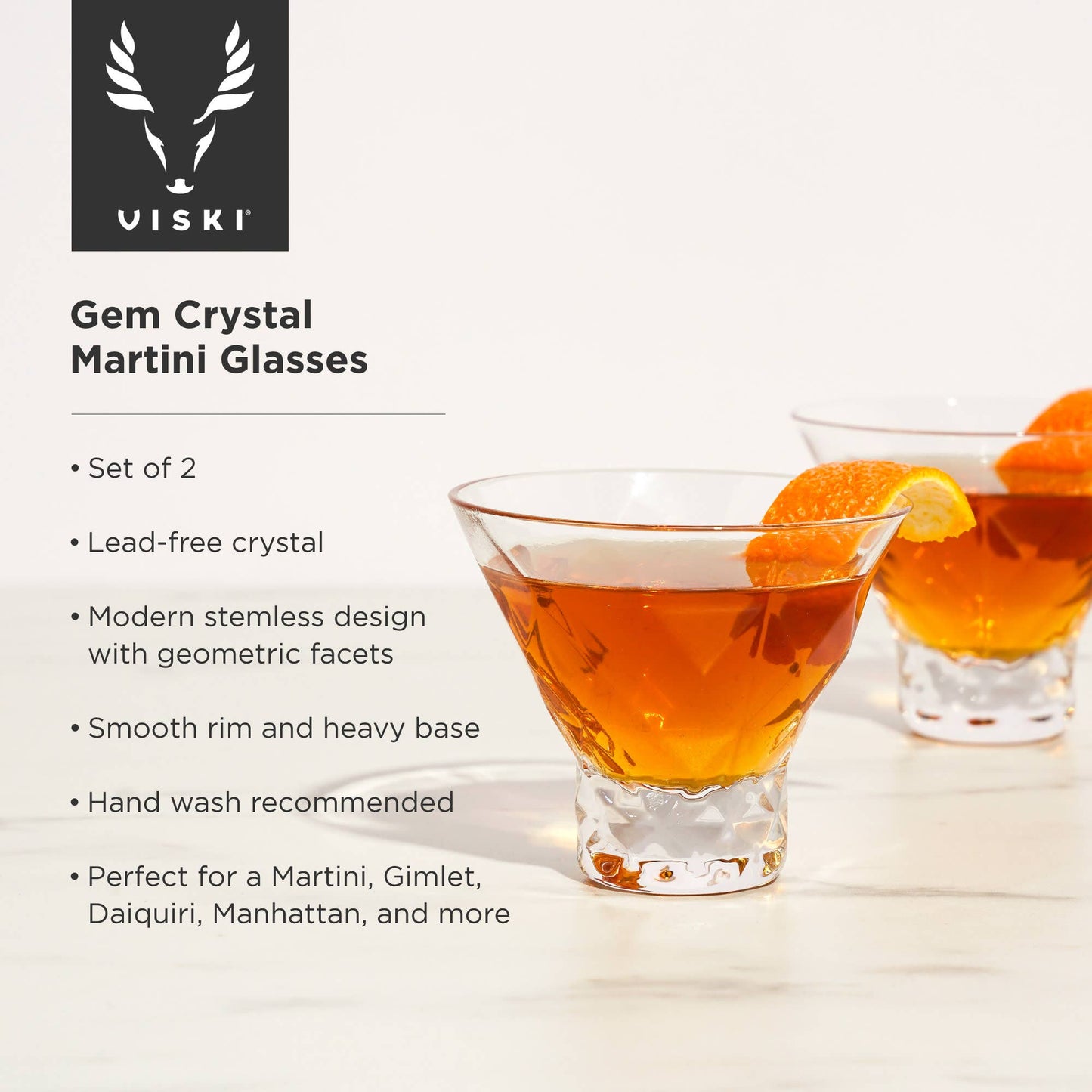 Gem Crystal Stemless Martini Glasses Set of 2
