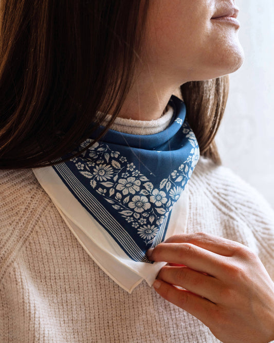 100% Silk Bandana Scarf -Santorini Floral China Blue Western