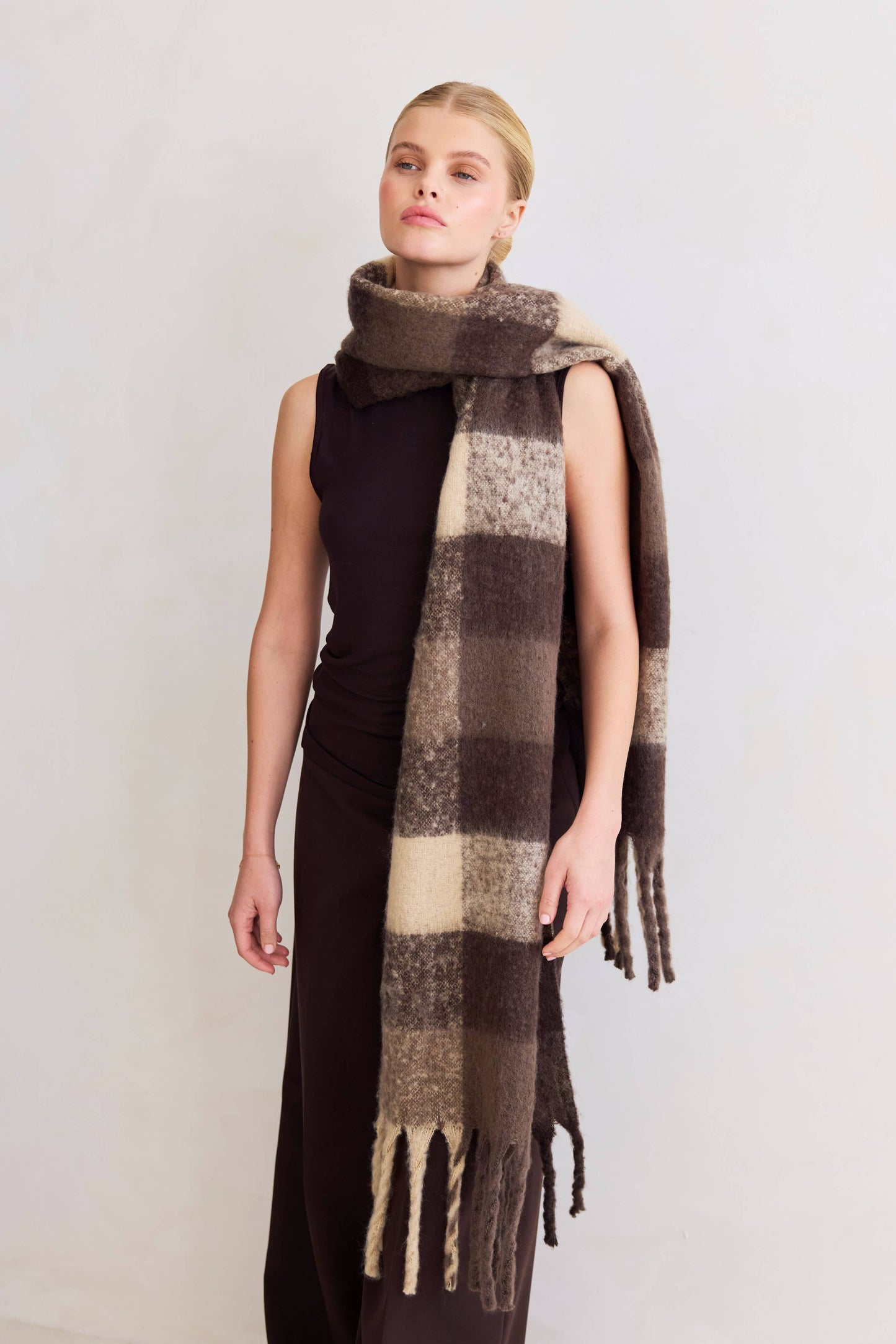 The Reykjavik Scarf - 100% Recycled - Brown Check - FW25