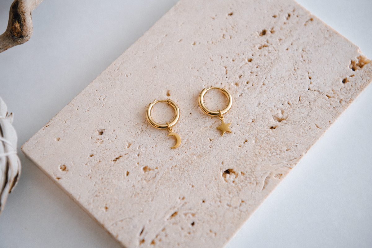 Cosmic Moon & Star Pendant Hoop Earrings