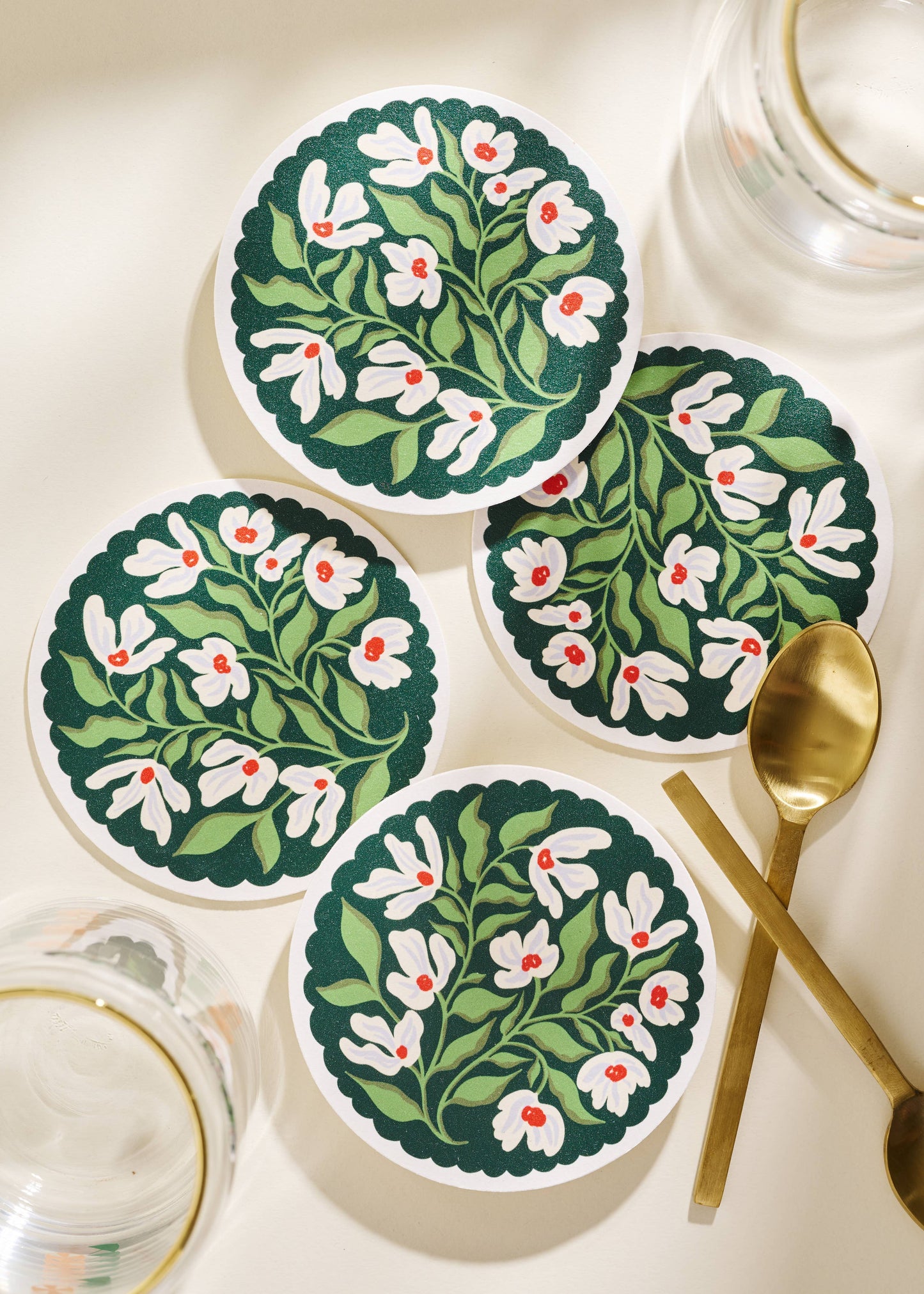 Green and Lavender Floral Scalloped Coasters - Set of Four