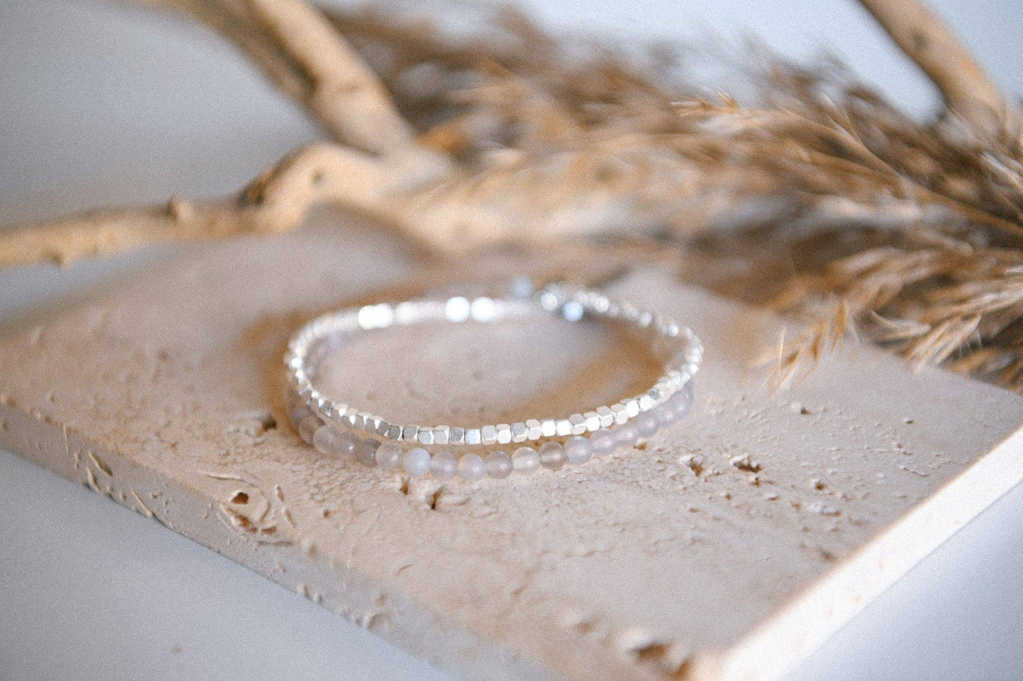 Gemstone Double Wrap Silver Beaded Bracelet