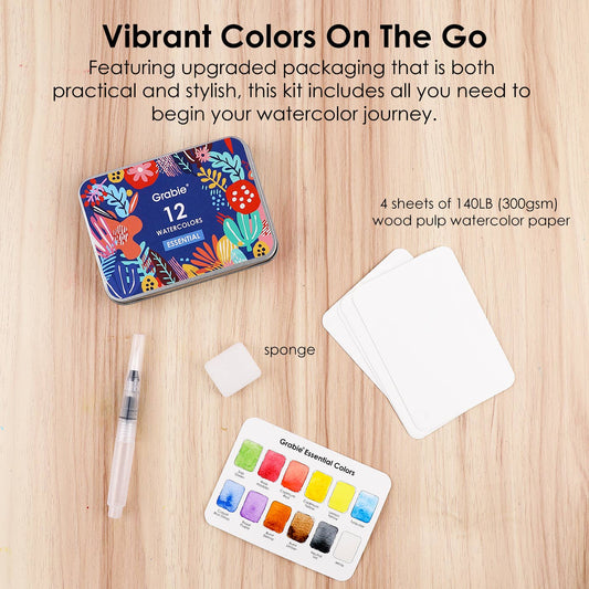 Watercolor Pocket Set Of 12 With Brush - Essential Colors