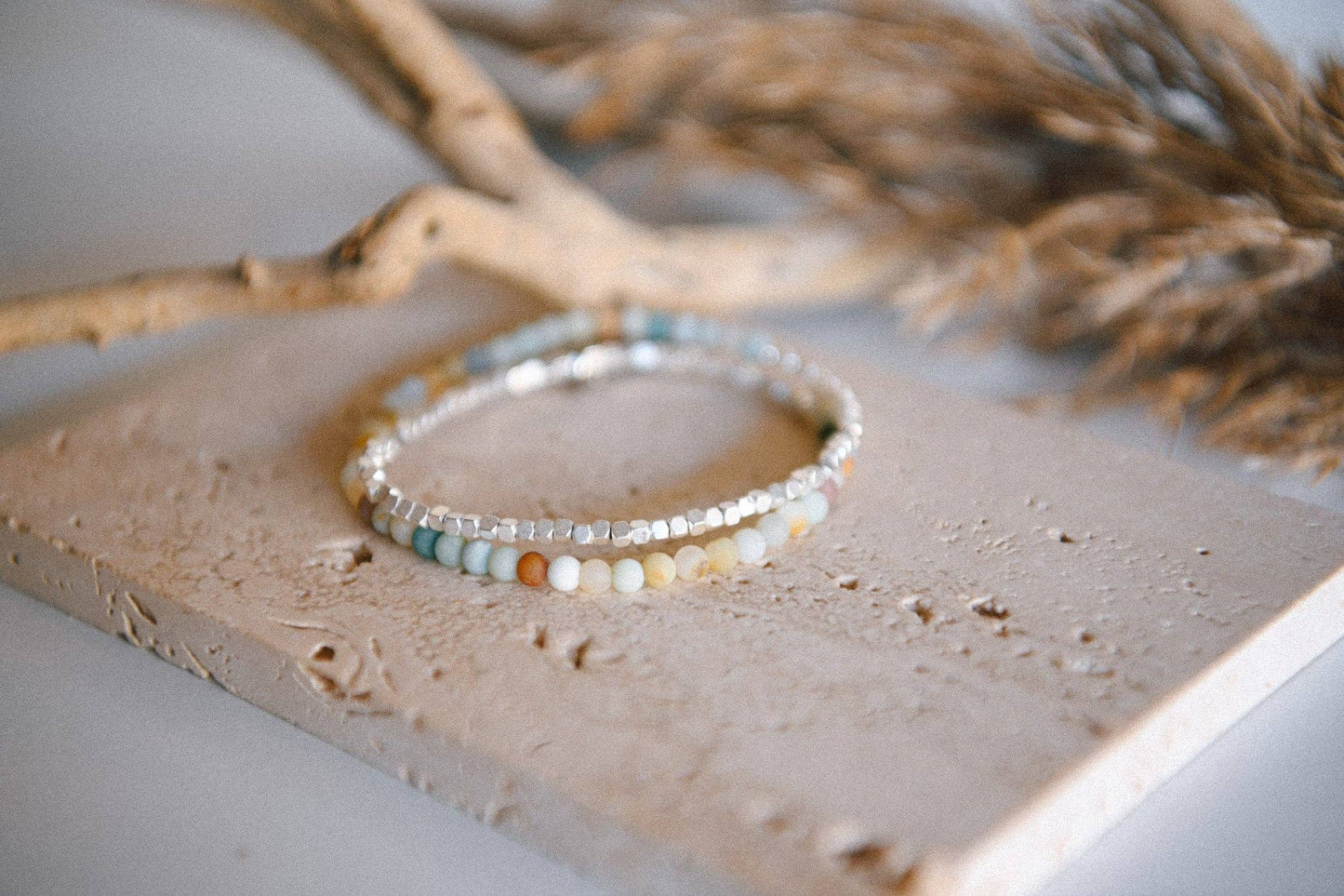 Gemstone Double Wrap Silver Beaded Bracelet