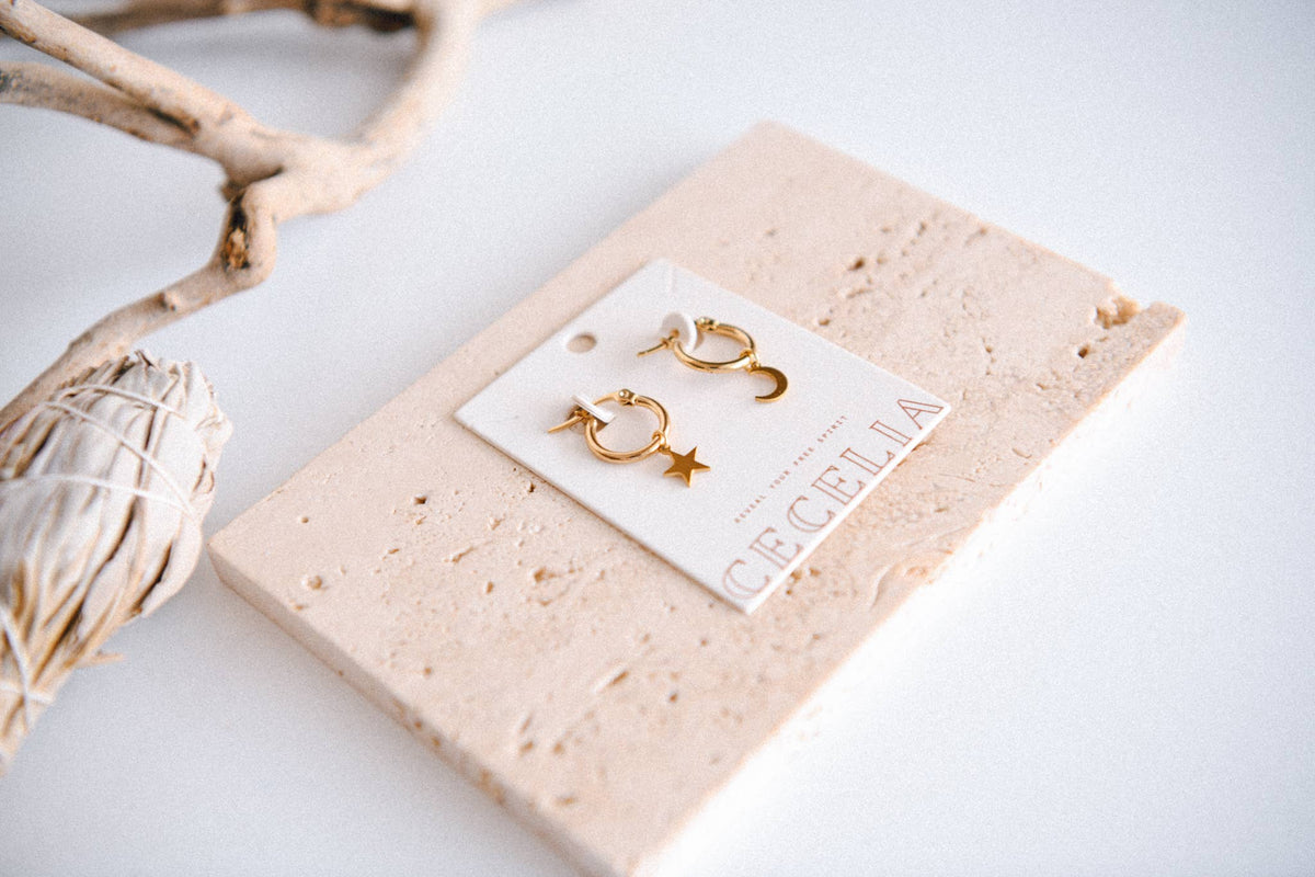 Cosmic Moon & Star Pendant Hoop Earrings