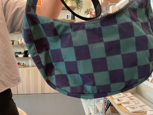 Small Nylon Crescent Bag - Navy Green Check